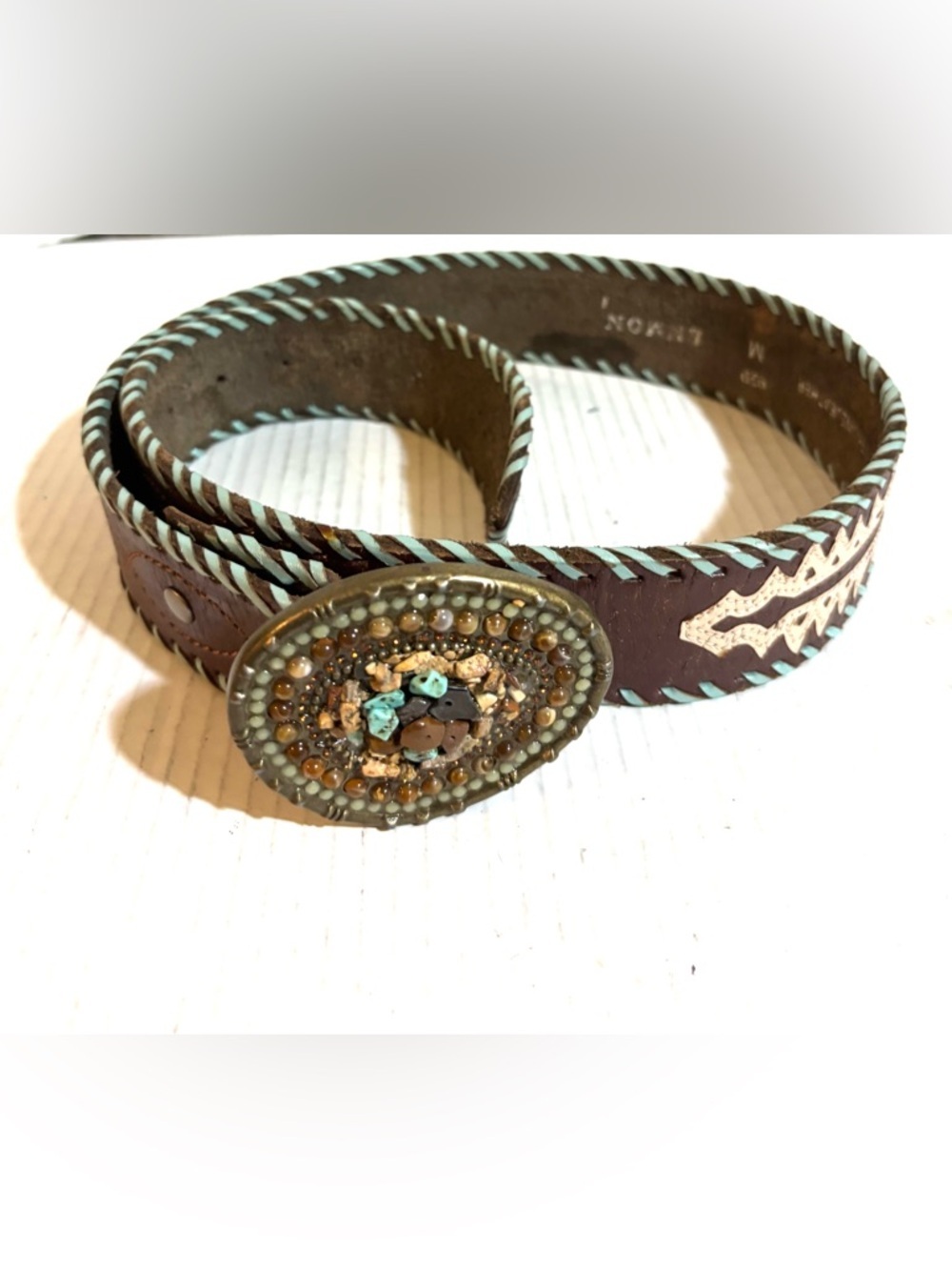 Beaded Oval Buckle Brown Leather Belt with Turquoise Stitching